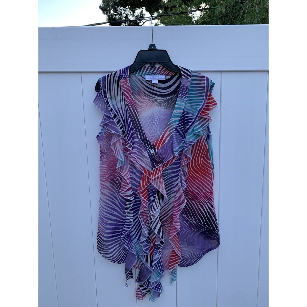 SAO PAULO Womens Top Blouse Button Up Sleeveless Colorful Ruffles Size 10